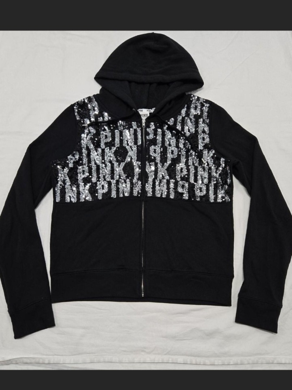 Victoria's Secret Black Hoodie with Silver Sequin Logo Panel